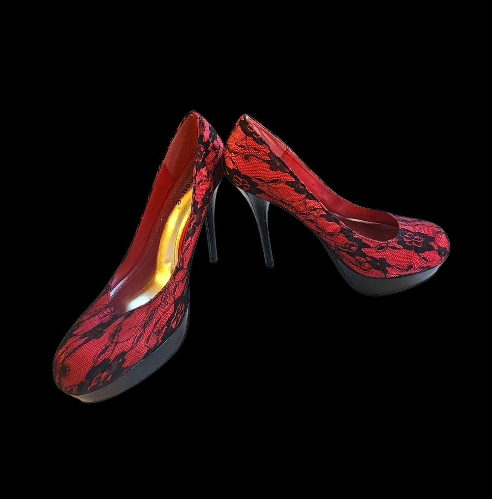 EUC Dollhouse Black and Red Lace Heels - Picture 2 of 6